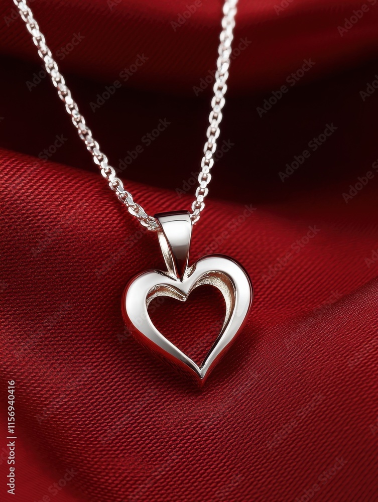 valentine jewelry concept Silver heart pendant necklace on rich red fabric background. valentine jewelry concept Silver heart pendant necklace on rich red fabric background.
