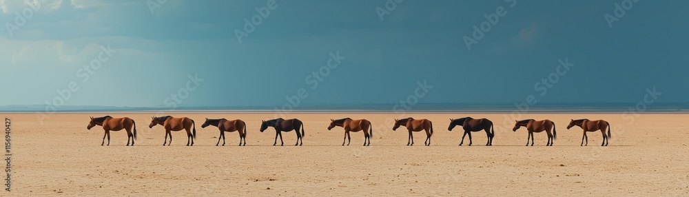 Wild Horses on Desert Beach Dramatic Sky Animal Herd Wild Horses on Desert Beach Dramatic Sky Animal Herd