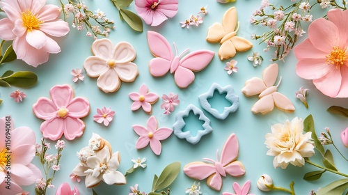 Cookie cutters shaped like flowers and butterflies, surrounded by spring-themed props and pastel cookies
