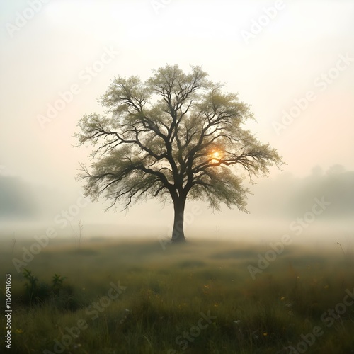 Wallpaper Mural Misty autumn landscape, solitary tree Torontodigital.ca