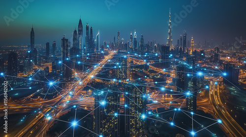 Wallpaper Mural Smart digital Innovation city with connection network reciprocity over the cityscape. of future smart wireless digital city and social media networking systems that connects people with in city Torontodigital.ca