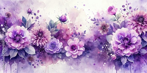 Fototapeta Naklejka Na Ścianę i Meble -  Surreal purple watercolor flowers bloom, splattered edges framing a fantasy floral double exposure.