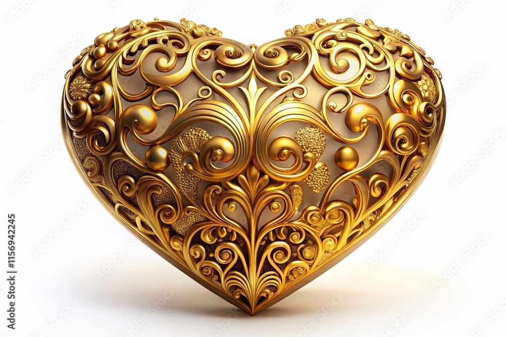 Intricate Gold Heart Design, Low Light Photography, Isolated White Background Intricate Gold Heart Design, Low Light Photography, Isolated White Background