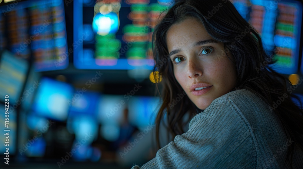 A beautiful female professional trading stock at her desk A beautiful female professional trading stock at her desk