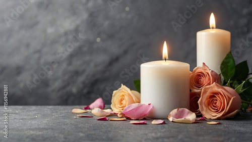 White candle with a rose and flower petals on grey stone panoramic background with copy space, funeral services web banner