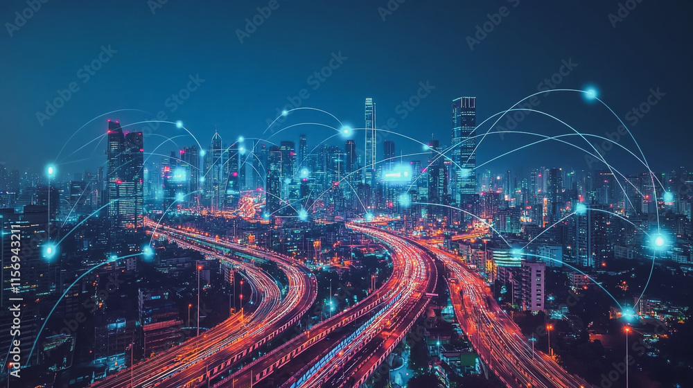 Fototapeta premium Smart digital Innovation city with connection network reciprocity over the cityscape. of future smart wireless digital city and social media networking systems that connects people with in city