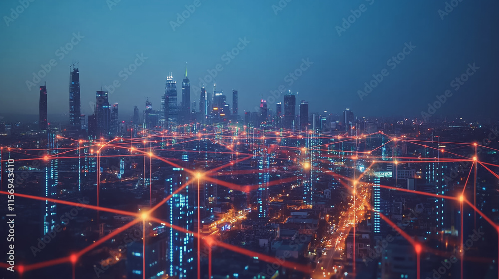 Fototapeta premium Smart digital Innovation city with connection network reciprocity over the cityscape. of future smart wireless digital city and social media networking systems that connects people with in city