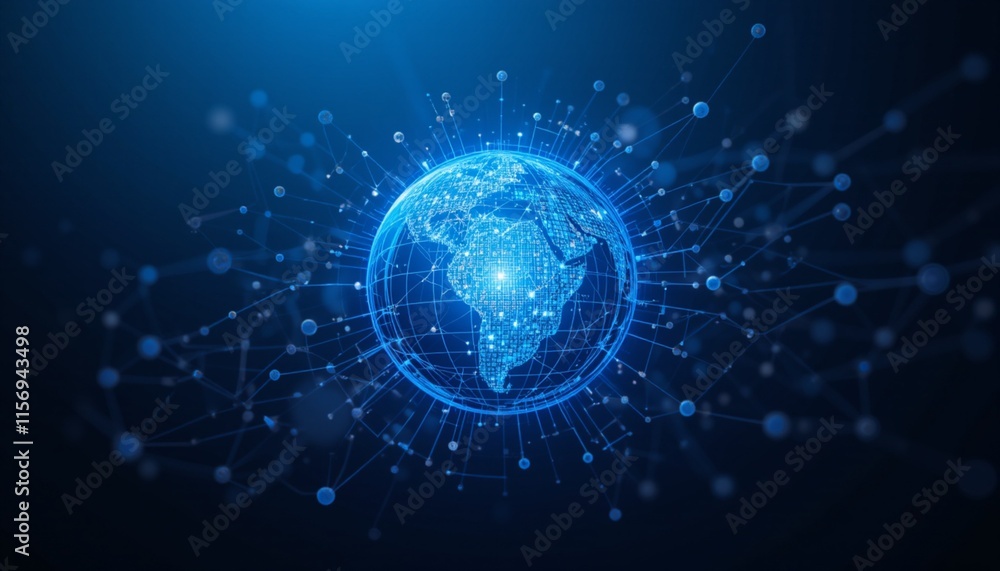 The Earth globe depicted with surrounding lines and dots, representing a network of connections across the planet, Technology 3d globe planet earth The Earth globe depicted with surrounding lines and dots, representing a network of connections across the planet, Technology 3d globe planet earth