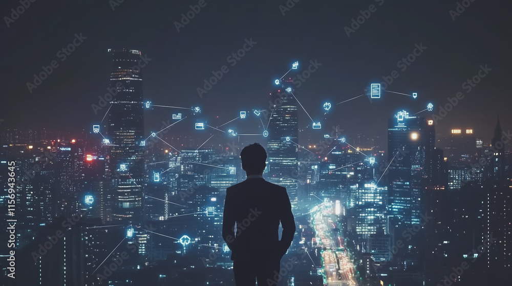 Abstract business man stands on the peak of success amid tall, innovative Smart city and graphs with statistics to analyze business potential and predict future developments in company growth. Abstract business man stands on the peak of success amid tall, innovative Smart city and graphs with statistics to analyze business potential and predict future developments in company growth.