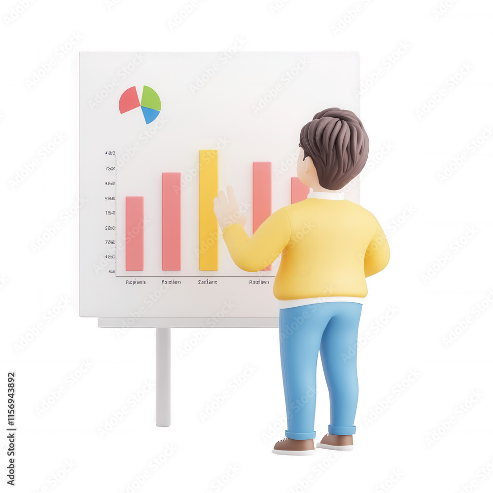 Fototapeta premium A character analyzing a colorful graph and data on a presentation board., isolated on a transparent background.