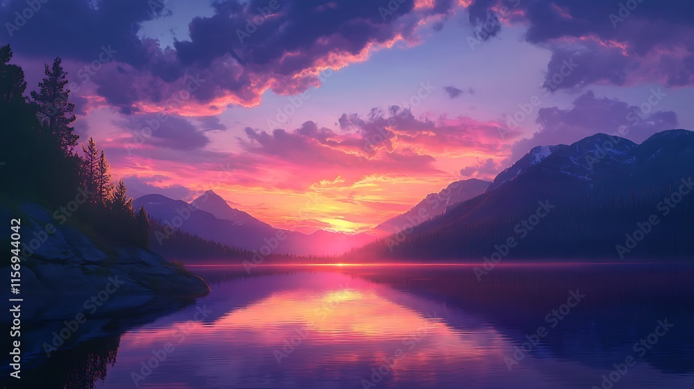 Stunning Digital Painting: Serene Sunset Reflecting on Mountain Lake. AI Generated