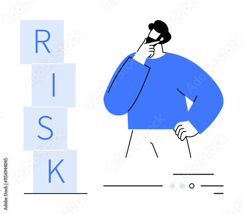 Person in blue shirt thinking with hand on chin, next to stacked blocks spelling RISK. Ideal for business strategy, decision making, risk management, financial planning, problem solving, consulting