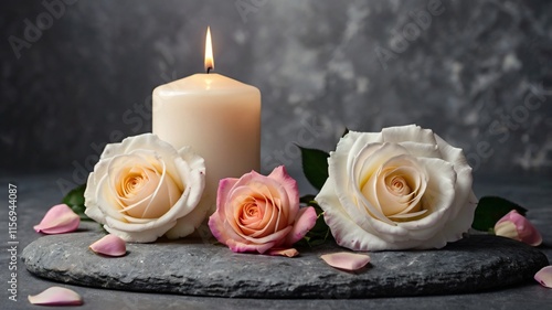 White candle with a rose and flower petals on grey stone panoramic background with copy space, funeral services web banner 
