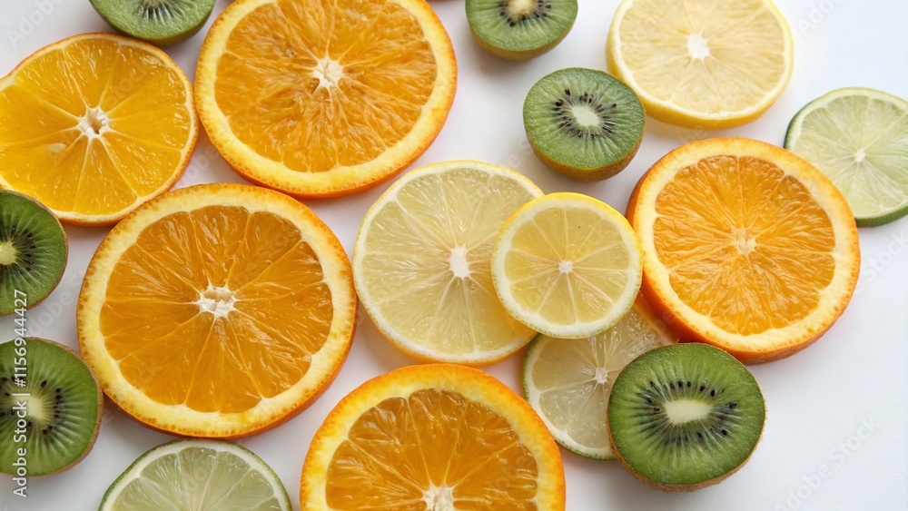 Obraz premium Juicy Citrus & Kiwi Slices: Vibrant Fruit Background for Healthy Recipes