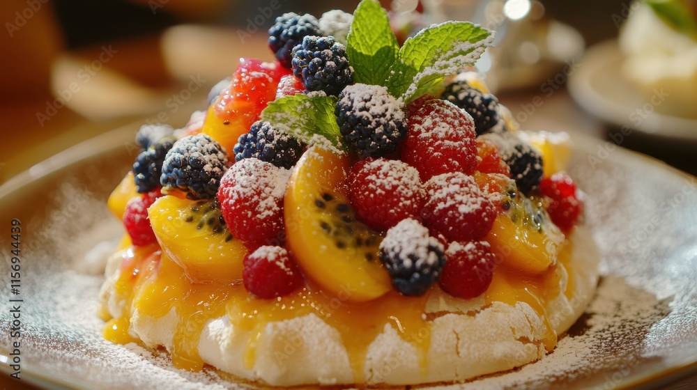 Colorful Fruit Pavlova Dessert with Cream and Mint Garnish Colorful Fruit Pavlova Dessert with Cream and Mint Garnish