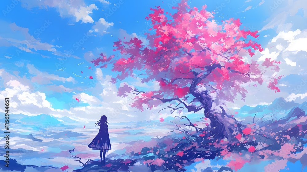 A lonely person standing beneath a giant cherry tree in an anime landscape, evoking feelings of solitude