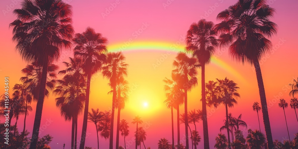 Tall Palm Trees Under a Vibrant Rainbow Sky Tall Palm Trees Under a Vibrant Rainbow Sky