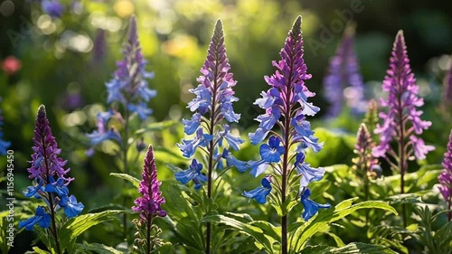 Beautiful blue and purple flowers in morning sunlight forest