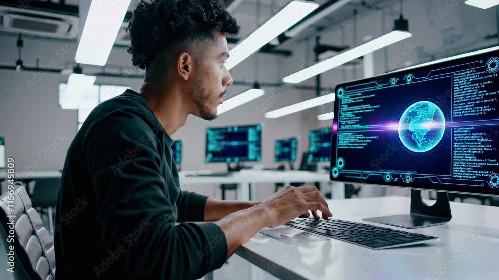 Young man coding in modern office with multiple screens displaying data analysis Young man coding in modern office with multiple screens displaying data analysis