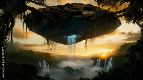 Majestic Floating Rock Over Misty Forest at Sunrise