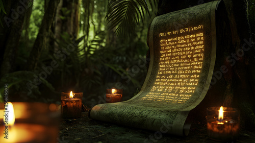 Glowing Ancient Scroll on a Mystical Forest Altar with Candles
