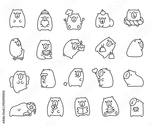 Set of square capybara cute kawaii cartoon characters with happy facial expressions, adorable actions, funny moments and adorable poses for unique and engaging designs