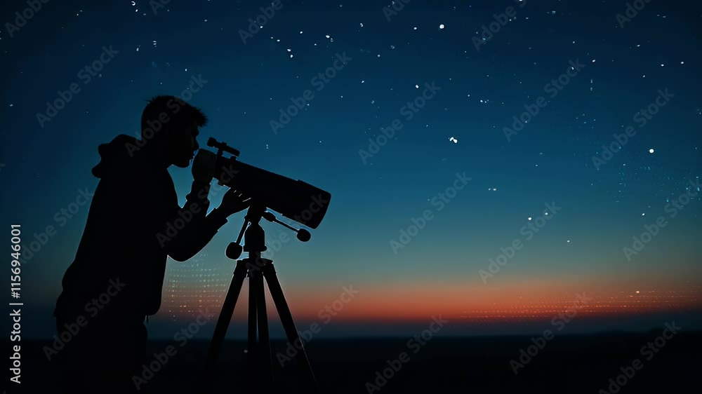 A person observing the night sky through a telescope against a starry backdrop. A person observing the night sky through a telescope against a starry backdrop.