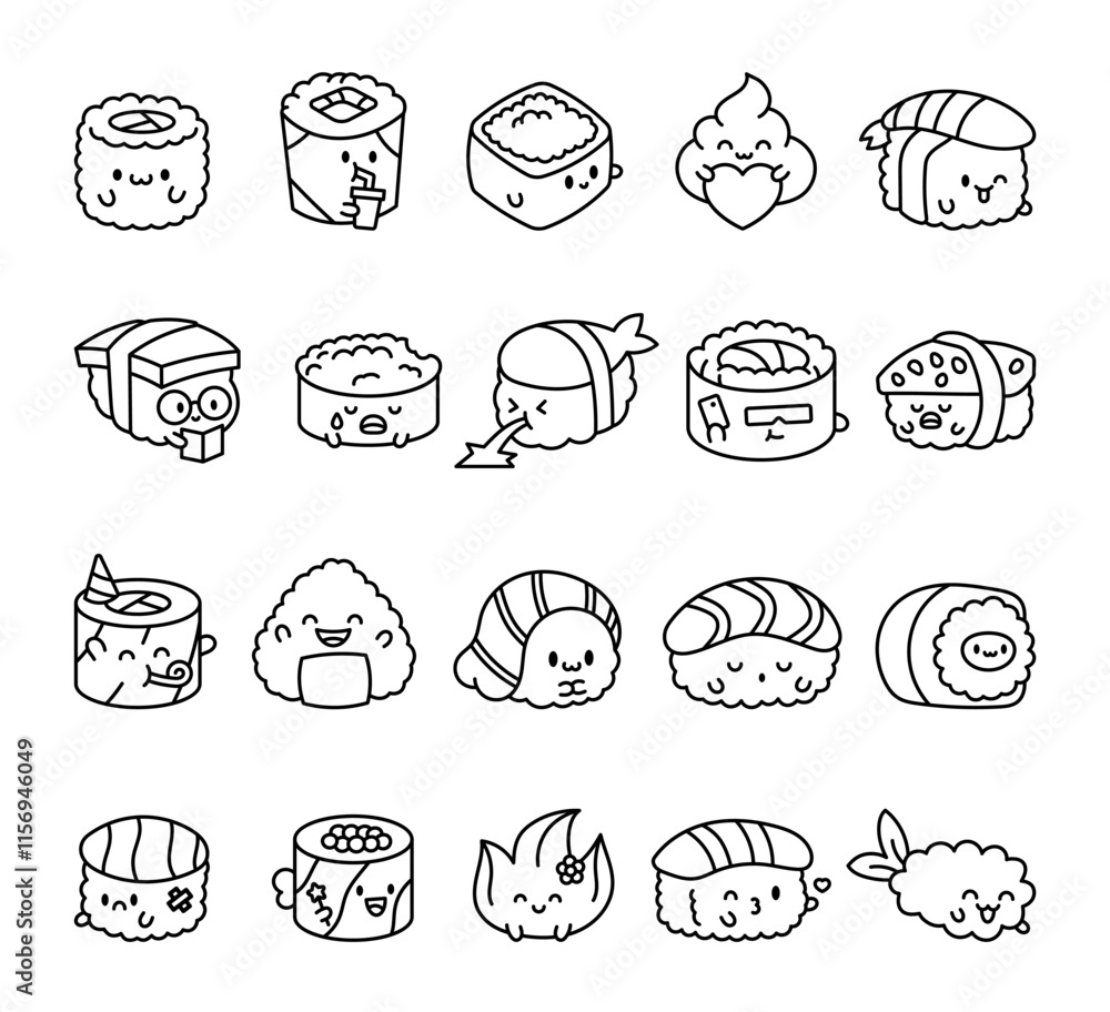 Sushi character set with kawaii cartoon emotions, cute smiling faces, different poses and food themed items for friendly creative design illustrations and decoration elements Sushi character set with kawaii cartoon emotions, cute smiling faces, different poses and food themed items for friendly creative design illustrations and decoration elements