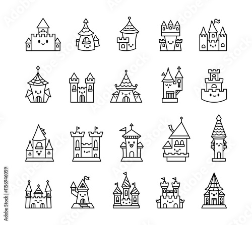 Set of little fortress characters with smiling faces, flags, emotions, winks, sleeping, resting, medieval towers, castles, defense structures, fantasy elements, friendly and charming