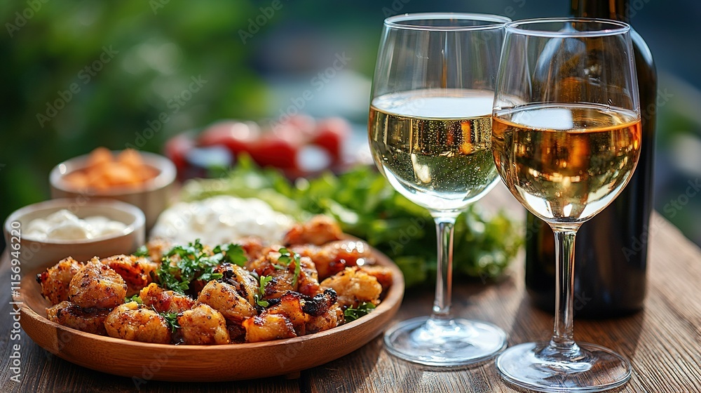 A table setting with two glasses of white wine, a platter of food, and fresh ingredients. A table setting with two glasses of white wine, a platter of food, and fresh ingredients.