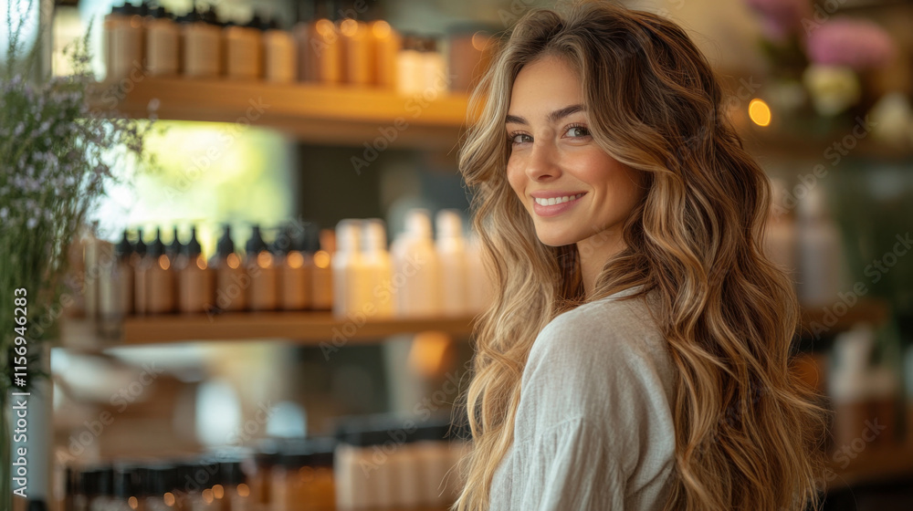 © Lightflow Vision  - woman with long wavy hair smiling in beauty salon surrounded by hair products