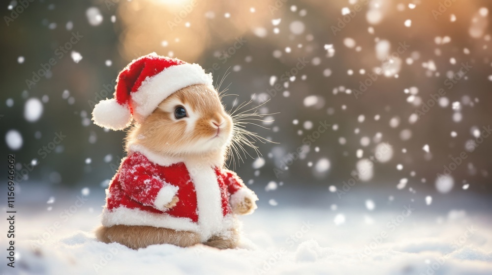 Cute Bunny in Santa Costume Surrounded by Soft Falling Snow Cute Bunny in Santa Costume Surrounded by Soft Falling Snow