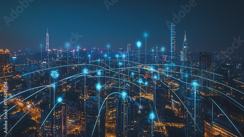 Wallpaper Mural Smart digital Innovation city with connection network reciprocity over the cityscape. of future smart wireless digital city and social media networking systems that connects people with in city Torontodigital.ca