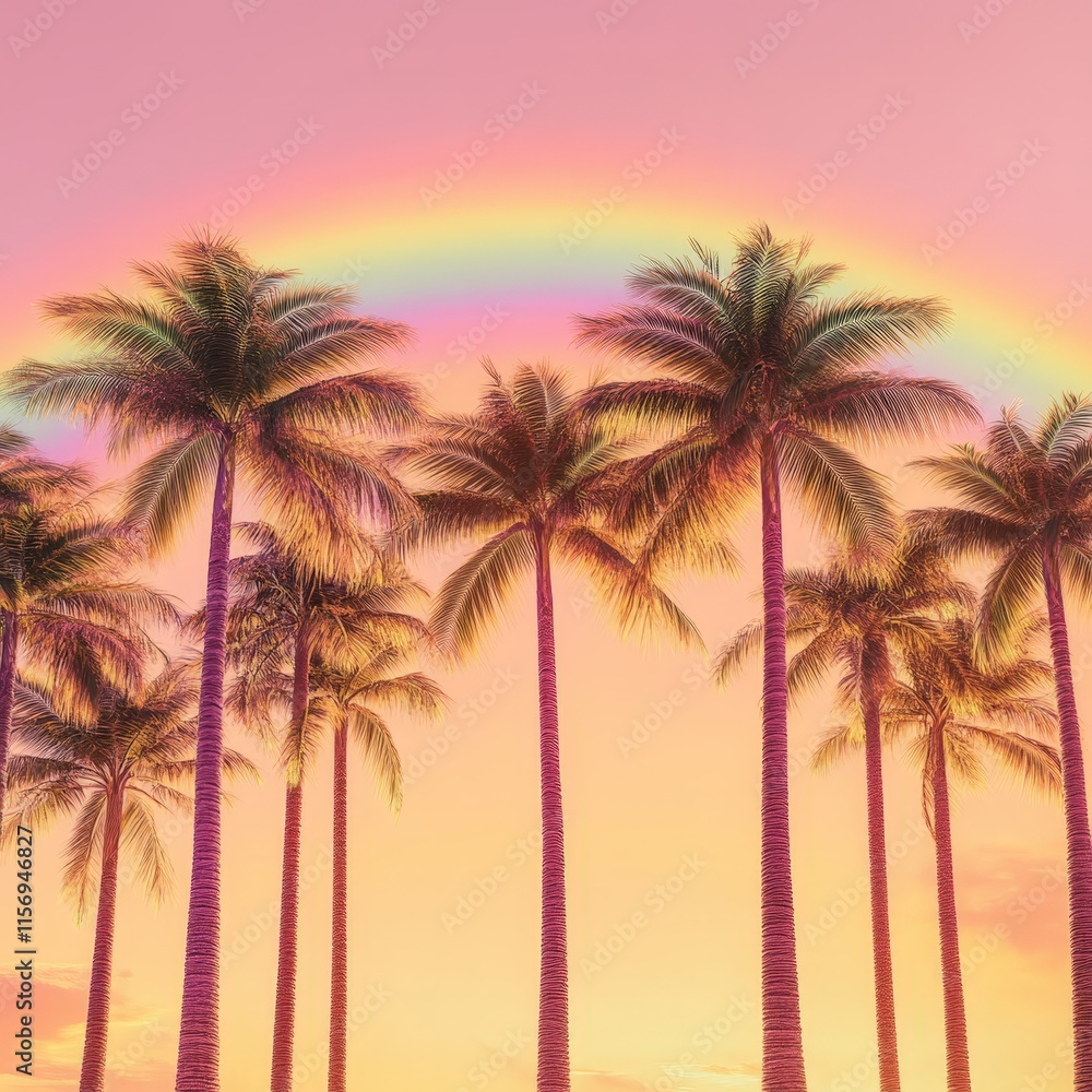 Tall Palm Trees Under a Vibrant Rainbow Sky Tall Palm Trees Under a Vibrant Rainbow Sky