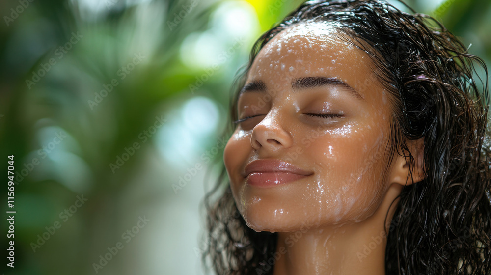 woman enjoying refreshing facial rinse with water droplets on her skin woman enjoying refreshing facial rinse with water droplets on her skin