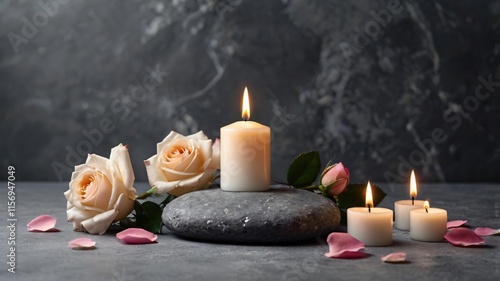White candle with a rose and flower petals on grey stone panoramic background with copy space, funeral services web banner 