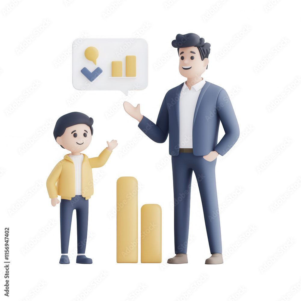 A mentor explaining growth stats to a young learner using visual data representation., isolated on a transparent background. A mentor explaining growth stats to a young learner using visual data representation., isolated on a transparent background.