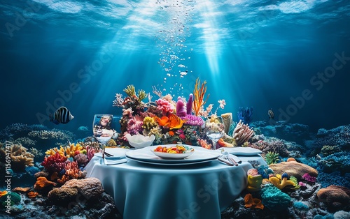 Underwater dining scene: elegant table set amidst vibrant coral reef, fish swimming nearby. Surreal, luxurious, and magical. photo