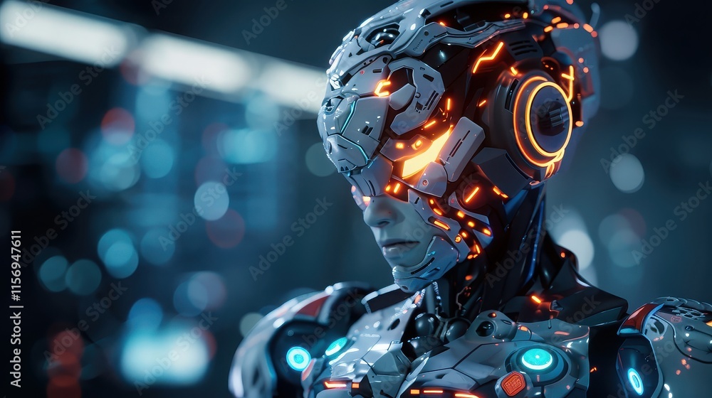 A high-tech AI character with human-like features, illuminated with glowing light patterns, symbolizing the fusion of humanity and technology. A high-tech AI character with human-like features, illuminated with glowing light patterns, symbolizing the fusion of humanity and technology.