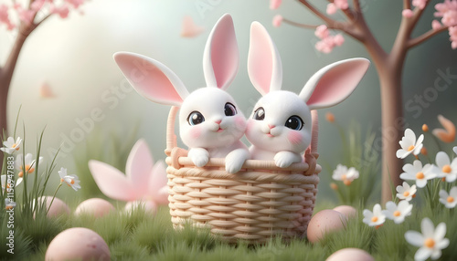 Adorables conejitos de pascua en una cesta de mimbre y en un prado de césped. Estilo kawaii photo