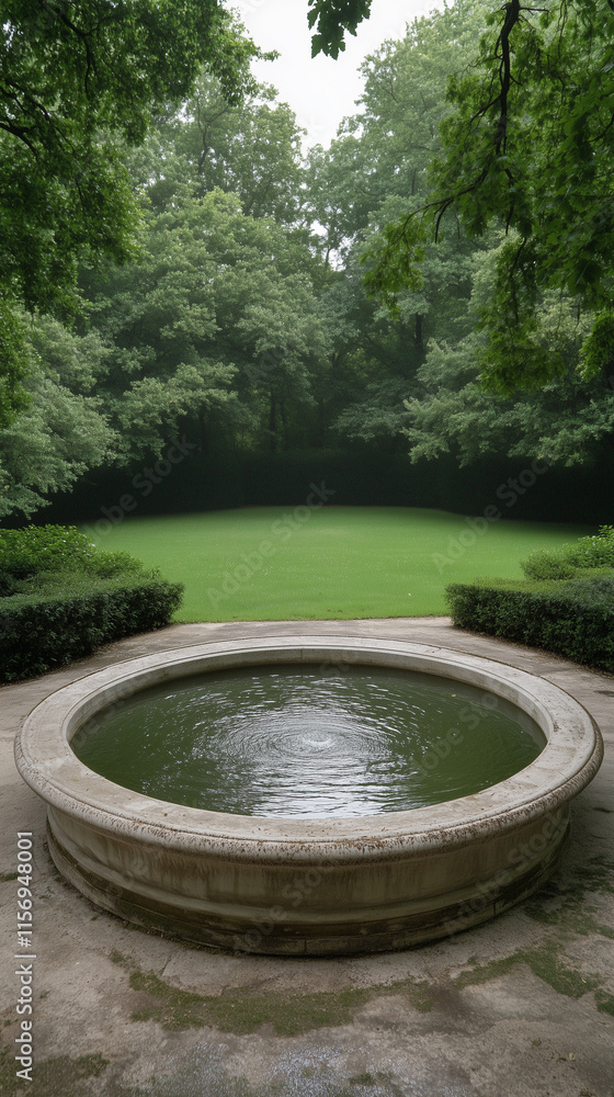 Circular Stone Fountain in a Garden Setting Circular Stone Fountain in a Garden Setting