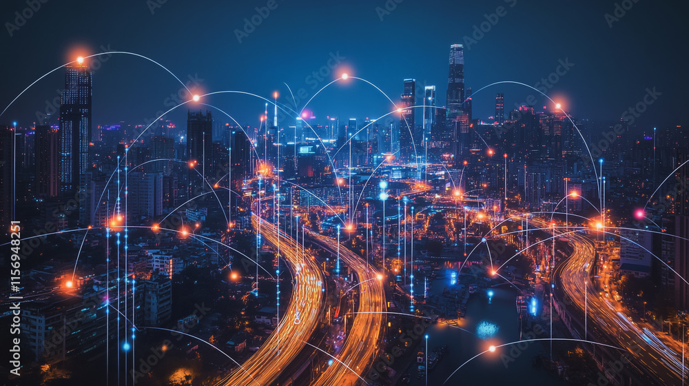 Naklejka premium Smart digital Innovation city with connection network reciprocity over the cityscape. of future smart wireless digital city and social media networking systems that connects people with in city
