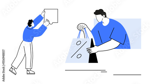 Wallpaper Mural Person holding a percentage sale shopping bag, another holds a sign. Ideal for retail sales, ecommerce, marketing, advertisements, promotions, holiday discounts consumer behavior. Line metaphor Torontodigital.ca