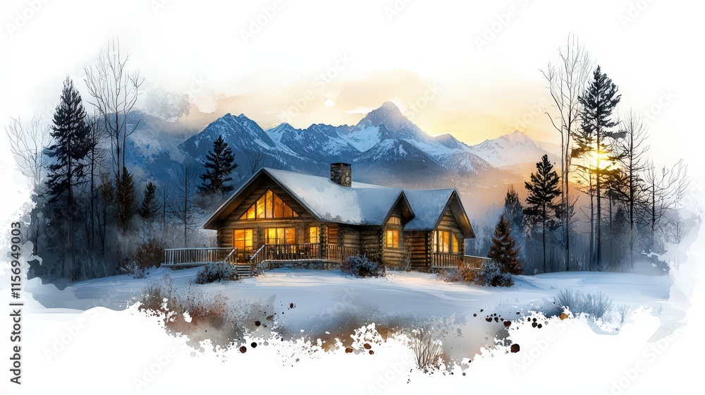 Fototapeta premium A cozy lodge in the mountains, surrounded by tall snow-covered trees.