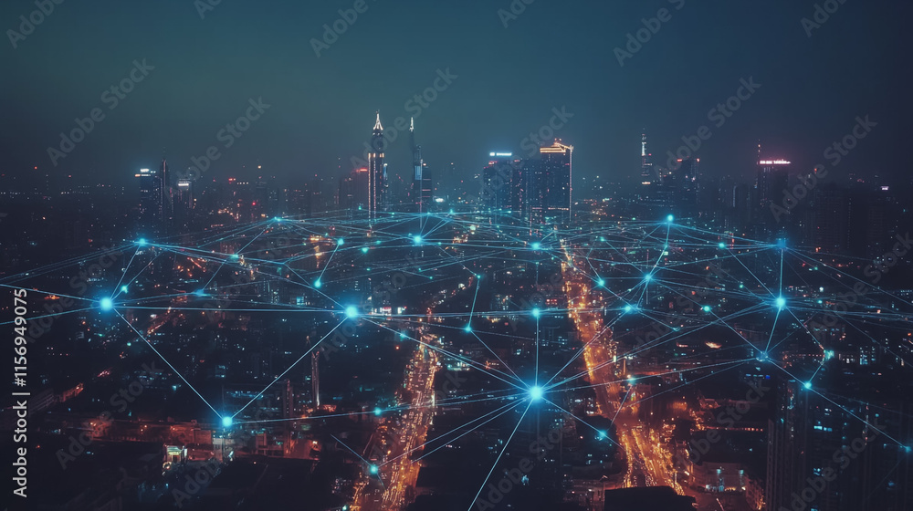 Smart digital Innovation city with connection network reciprocity over the cityscape. of future smart wireless digital city and social media networking systems that connects people with in city Smart digital Innovation city with connection network reciprocity over the cityscape. of future smart wireless digital city and social media networking systems that connects people with in city