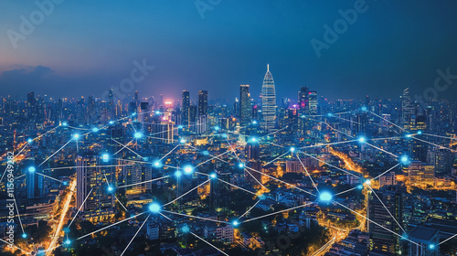 Wallpaper Mural Smart digital Innovation city with connection network reciprocity over the cityscape. of future smart wireless digital city and social media networking systems that connects people with in city Torontodigital.ca