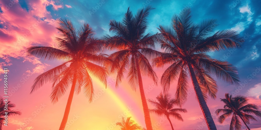 Tall Palm Trees Under a Vibrant Rainbow Sky Tall Palm Trees Under a Vibrant Rainbow Sky