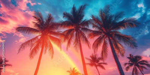 Tall Palm Trees Under a Vibrant Rainbow Sky