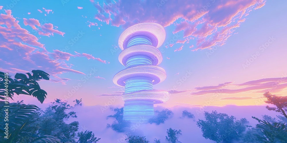 Obraz premium Futuristic tower in pastel sky, surrounded by clouds and tropical foliage. Dreamlike, ethereal digital art.