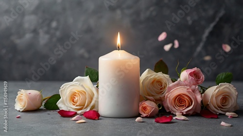 White candle with a rose and flower petals on grey stone panoramic background with copy space, funeral services web banner 